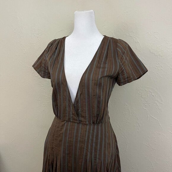 brown and blue pinstripe y2k deep v neck midi dress - Picture 2 of 8